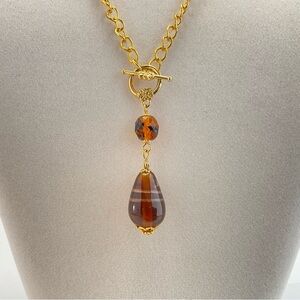 Amber Aventurine Lamp Work Glass & "Tiger" Crystal Pendant Necklace, Gold Plated